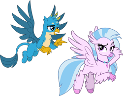 Size: 5210x4044 | Tagged: safe, artist:cheezedoodle96, artist:frownfactory, edit, gallus, silverstream, classical hippogriff, griffon, hippogriff, .svg available, chest fluff, female, flying, gallstream, jewelry, lidded eyes, looking at you, male, necklace, paws, raised eyebrow, shipping, simple background, smiling, smirk, spread wings, straight, svg, transparent background, vector, wings
