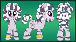 Size: 4500x2500 | Tagged: safe, artist:pananovich, oc, oc only, oc:zala, zebra, bracelet, c:, female, filly, front view, jewelry, looking at you, rear view, side view, smiling, solo, zebra oc