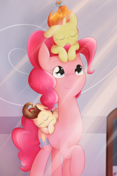 Size: 2000x3000 | Tagged: safe, artist:lilliesinthegarden, pinkie pie, pound cake, pumpkin cake, earth pony, pegasus, pony, unicorn, baby, baby pony, cake twins, crepuscular rays, cute, diapinkes, ear down, eyes closed, female, high res, mare, poundabetes, pumpkinbetes, siblings, sleeping, twins