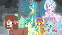 Size: 1920x1080 | Tagged: safe, screencap, gallus, ocellus, sandbar, silverstream, smolder, yona, changedling, changeling, classical hippogriff, dragon, griffon, hippogriff, pony, yak, the ending of the end, student six