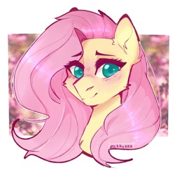 Size: 1024x1024 | Tagged: safe, artist:zakkurro, fluttershy, pegasus, pony, abstract background, blushing, bust, cheek fluff, colored pupils, cute, ear fluff, female, mare, portrait, shyabetes, solo
