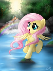 Size: 1024x1366 | Tagged: safe, artist:sunshineshiny, fluttershy, butterfly, pegasus, pony, cute, female, mare, open mouth, rainbow, river, rock, shyabetes, solo, tree, water