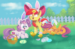 Size: 780x512 | Tagged: safe, artist:sketchiix3, artist:sketchy-the-pony, apple bloom, scootaloo, sweetie belle, bird, chicken, earth pony, pegasus, pony, unicorn, basket, bunny ears, chick, cutie mark, cutie mark crusaders, easter, easter egg, female, fence, filly, floppy ears, heart, holiday, onomatopoeia, open mouth, prone, scootachicken, scootaloo is not amused, speech bubble, the cmc's cutie marks, trio, unamused