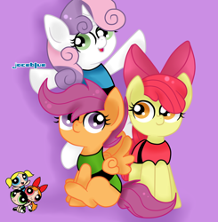 Size: 884x903 | Tagged: safe, artist:joceblue, apple bloom, scootaloo, sweetie belle, earth pony, pegasus, pony, unicorn, apple bloom's bow, blossom (powerpuff girls), bow, bubbles (powerpuff girls), buttercup (powerpuff girls), clothes, cosplay, costume, cutie mark crusaders, female, filly, hair bow, purple background, simple background, the powerpuff girls, trio, trio female