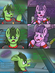 Size: 3024x4032 | Tagged: safe, artist:tacomytaco, oc, oc only, oc:admiral casey, oc:captain conray, oc:eickland, earth pony, pony, comic:space floofs, angry, bipedal, blushing, bottle, clothes, comic, comic page, drunk, female, male, offscreen character, one eye closed, planet, shirt, space, swearing, text, uniform, vulgar, worried