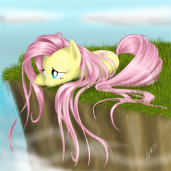 Size: 978x978 | Tagged: safe, artist:zigword, fluttershy, pegasus, pony, cliff, depressed, female, looking away, mare, outdoors, prone, sad, solo, stray strand, wavy hair