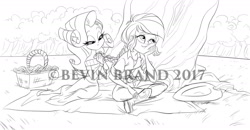 Size: 1280x665 | Tagged: safe, artist:bevin brand, applejack, rarity, equestria girls, basket, braiding, cute, female, jackabetes, lesbian, obtrusive watermark, official fan art, picnic, picnic basket, raribetes, rarijack, shipping, watermark