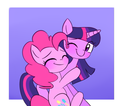 Size: 709x611 | Tagged: safe, anonymous artist, derpibooru import, pinkie pie, twilight sparkle, earth pony, pony, blushing, cute, female, hug, lesbian, mare, purple background, shipping, simple background, twinkie