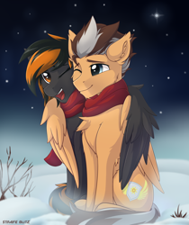 Size: 2160x2576 | Tagged: safe, artist:strafe blitz, oc, oc:brightsky wing, oc:mayday, pegasus, pony, clothes, duo, hug, scarf, snow, winghug