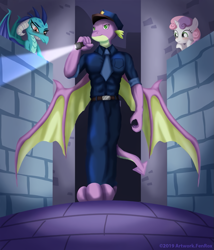 Size: 827x966 | Tagged: safe, artist:fenrox, princess ember, spike, sweetie belle, anthro, digitigrade anthro, dragon, pony, unicorn, blushing, clothes, dragoness, emberspike, explicit source, fanfic art, female, flashlight (object), hat, looking down, male, necktie, police, police officer, shipping, spikebelle, straight, wall, winged spike