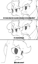 Size: 1280x2160 | Tagged: safe, artist:redruin01, apple bloom, scootaloo, sweetie belle, earth pony, pegasus, pony, unicorn, cutie mark crusaders, dialogue, grayscale, meme, monochrome, ponified meme