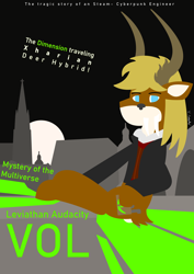 Size: 2480x3508 | Tagged: safe, artist:vol_audacity, oc, oc:leviathan "vol" audacity, deer, city, moon, poster, sitting, solo, text