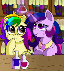 Size: 1280x1426 | Tagged: safe, artist:rainbowtashie, oc, oc:princess morning star, oc:rainbow tashie, alicorn, earth pony, pony, alicorn oc, alicorn princess, bookshelf, commissioner:bigonionbean, cute, fusion, fusion:princess morning star, jewelry, laboratory, magic, observer, potions, regalia, science, writer:bigonionbean