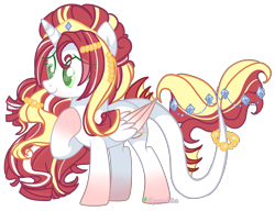 Size: 3576x2742 | Tagged: safe, artist:2pandita, oc, alicorn, original species, pony, augmented tail, beads, colored wings, diamond, female, gradient legs, gradient wings, hair accessory, hair jewelry, jewelry, long mane, mare, simple background, solo, standing, striped mane, tail jewelry, tiara, transparent background, tricolor mane, wings