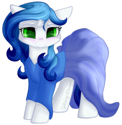 Size: 884x904 | Tagged: safe, artist:gleamydreams, oc, oc:gleamy, pony, unicorn, blue hair, blushing, clothes, dress, female, green eyes, looking at you, mare, smiling, solo