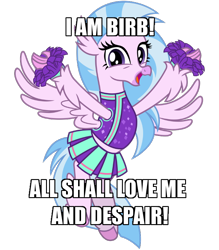 Size: 600x686 | Tagged: safe, artist:cheezedoodle96, silverstream, classical hippogriff, hippogriff, 2 4 6 greaaat, arms spread out, birb, caption, cheering, cheerleader, cheerleader outfit, cheerleader silverstream, clothes, cute, diastreamies, female, flying, happy, horsebird, image macro, looking at you, lord of the rings, moe, open mouth, pleated skirt, pom pom, shirt, simple background, skirt, solo, spread wings, text, transparent background, vector, wings