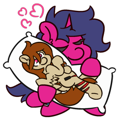 Size: 1000x1000 | Tagged: safe, artist:threetwotwo32232, oc, oc:fizzy pop, oc:red, pegasus, pony, unicorn, body pillow, female, heart, mare, newbie artist training grounds