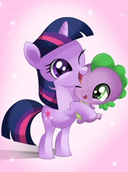 Size: 1024x1366 | Tagged: safe, artist:sunshineshiny, spike, twilight sparkle, unicorn twilight, dragon, pony, unicorn, baby, baby dragon, baby spike, cuddling, cute, duo, female, filly, filly twilight sparkle, hug, mama twilight, one eye closed, spikabetes, twiabetes, younger