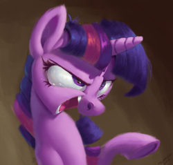 Size: 3545x3384 | Tagged: safe, artist:mindofor, artist:v747, twilight sparkle, pony, bust, faic, female, glare, mare, open mouth, raised hoof, redraw, signature, smiling, solo, watermark