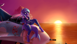 Size: 2500x1446 | Tagged: safe, artist:lightly-san, oc, oc only, anthro, merpony, unguligrade anthro, aircraft carrier, anthro oc, clothes, female, jet, jet fighter, mare, ocean, solo, su-33, sunset