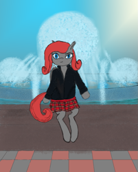 Size: 643x800 | Tagged: safe, oc, oc only, oc:queen stan, bat pony, pony, bat pony oc, clothes, female, fountain, mare, plaid skirt, skirt, solo, sun