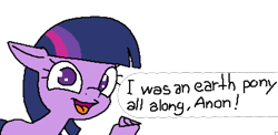 Size: 1385x677 | Tagged: safe, twilight sparkle, earth pony, pony, 1000 hours in ms paint, earth pony twilight, hoof hold, horn, implied anon, simple background, speech, transparent background, what a twist