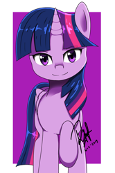 Size: 866x1304 | Tagged: safe, artist:drakesparkle44, twilight sparkle, twilight sparkle (alicorn), alicorn, pony, female, looking at you, mare, raised hoof, simple background, smiling, solo