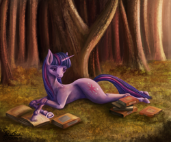 Size: 3985x3320 | Tagged: safe, artist:seven9988, twilight sparkle, unicorn twilight, pony, unicorn, book, female, forest, hoers, lying down, mare, prone, reading, solo, tree