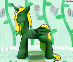 Size: 3500x3000 | Tagged: safe, artist:galacticham, oc, oc only, oc:prince ecosis, alicorn, pony, alicorn oc, eyes closed, male, shower, showering, signature, smiling, solo, stallion, steam, water, wet mane