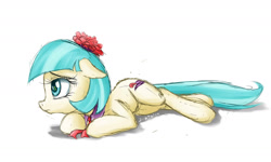 Size: 1852x1111 | Tagged: safe, artist:zigword, coco pommel, earth pony, pony, female, floppy ears, mare, prone, sad, simple background, sketch, solo, white background