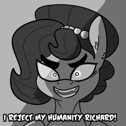 Size: 2250x2250 | Tagged: safe, artist:tjpones, part of a set, oc, oc only, oc:brownie bun, earth pony, pony, horse wife, bust, dialogue, dio brando, female, grayscale, jewelry, jojo reference, jojo's bizarre adventure, looking at you, mare, monochrome, necklace, pearl necklace, simple background, solo