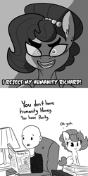 Size: 2250x4500 | Tagged: safe, artist:tjpones, oc, oc only, oc:brownie bun, oc:richard, earth pony, human, pony, horse wife, bald, bust, chest fluff, comic, dialogue, dio brando, female, grayscale, high res, jewelry, jojo's bizarre adventure, looking at you, male, mare, monochrome, necklace, newspaper, pearl necklace, simple background, straight, this will end in mild embarrassment, white background