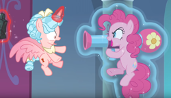 Size: 766x437 | Tagged: safe, derpibooru import, screencap, cozy glow, pinkie pie, alicorn, earth pony, pony, the ending of the end, alicornified, battle for equestria, castle, cozy glow is best facemaker, cozybuse, cozycorn, female, filly, flying, glowing horn, horn, magic, mare, party bazooka, party cannon, race swap, surprise attack, telekinesis