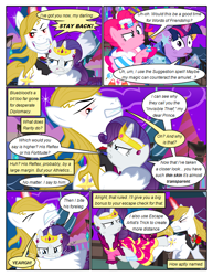 Size: 612x792 | Tagged: safe, artist:christhes, derpibooru import, pinkie pie, rarity, twilight sparkle, unicorn twilight, earth pony, pony, unicorn, collaboration, comic:friendship is dragons, alicorn amulet, alternate eye color, angry, biting, bucking, clothes, comic, dialogue, dress, evil grin, female, flower, frown, gala dress, glare, glass slipper (footwear), glowing horn, grin, high heels, horn, injured, jewelry, looking back, male, mare, night, possessed, rose, shoes, show accurate, smiling, stallion, stars, tiara, unshorn fetlocks, worried