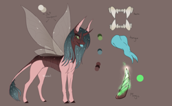 Size: 1900x1173 | Tagged: source needed, safe, artist:rosebudthevampiremar, oc, oc only, oc:rosebud, changedling, changeling, insect, unicorn, changedling oc, changeling oc, leonine tail, reference sheet, solo