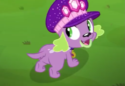 Size: 1033x716 | Tagged: safe, screencap, spike, spike the regular dog, dog, better together, choose your own ending, equestria girls, lost and pound, lost and pound: fluttershy, butt, dragonbutt, hat, male, paws, smiling, spike's festival hat, tail