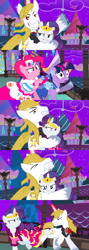 Size: 1920x5400 | Tagged: safe, alternate version, artist:christhes, derpibooru import, pinkie pie, rarity, twilight sparkle, unicorn twilight, earth pony, pony, unicorn, collaboration, comic:friendship is dragons, alicorn amulet, alternate eye color, angry, biting, bucking, clothes, comic, dress, evil grin, female, flower, frown, gala dress, glare, glass slipper (footwear), glowing horn, grin, high heels, horn, injured, jewelry, looking back, male, mare, night, possessed, rose, shoes, show accurate, smiling, stallion, stars, tiara, unshorn fetlocks, worried
