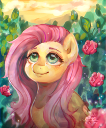 Size: 1250x1500 | Tagged: safe, artist:riukime, fluttershy, pegasus, pony, bust, cute, female, flower, folded wings, looking up, mare, outdoors, rose, shyabetes, solo, three quarter view, traditional art, wings