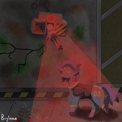 Size: 2000x2000 | Tagged: safe, artist:biglama, oc, earth pony, pony, fallout equestria, clothes, fanfic, fanfic art, female, hooves, mare, ruins, solo, suit, turret, vault suit