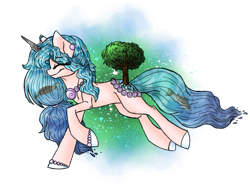 Size: 1280x960 | Tagged: safe, artist:melonseed11, oc, oc:shimmering lakes, fish, original species, pond pony, turtle, female, solo, tree