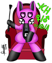 Size: 900x1100 | Tagged: safe, artist:foxxo666, oc, oc only, pony, armchair, bdsm, commission, fetish, gas mask, ionizing radiation warning symbol, mask, radiation, radiation suit, radioactive, rubber, rubber drone, signature, sitting, solo, ych example, your character here