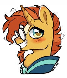 Size: 1110x1295 | Tagged: safe, artist:techycutie, sunburst, pony, unicorn, blushing, bust, clothes, cute, glasses, male, robe, simple background, smiling, solo, stallion, sunburst's glasses, sunburst's robe