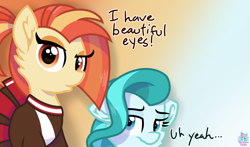 Size: 1811x1065 | Tagged: safe, artist:rainbow eevee, lighthoof, shimmy shake, earth pony, pony, cheerleader, cheerleader outfit, clothes, cute, dialogue, duckface, eye, eyes, eyeshadow, female, gradient background, lighthoof is not amused, looking at you, makeup, rio (movie), simple background, text