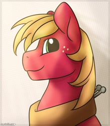 Size: 946x1080 | Tagged: safe, artist:mariashapony, big macintosh, earth pony, pony, abstract background, cute, looking at you, looking sideways, macabetes, male, profile, smiling, solo, stallion