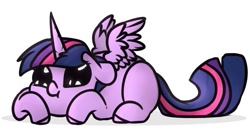 Size: 1280x710 | Tagged: safe, artist:mariashapony, twilight sparkle, twilight sparkle (alicorn), alicorn, pony, :t, adoracreepy, big eyes, chibi, creepy, cute, dilated pupils, female, floppy ears, mare, missing cutie mark, prone, silly, silly pony, simple background, smiling, solo, spread wings, twiabetes, white background, wings