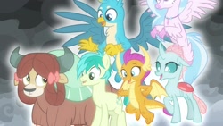 Size: 1920x1080 | Tagged: safe, screencap, gallus, ocellus, sandbar, silverstream, smolder, yona, changedling, changeling, classical hippogriff, dragon, griffon, hippogriff, pony, yak, the ending of the end, student six