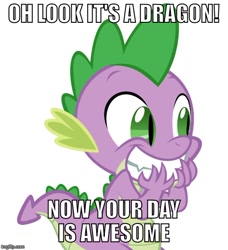 Size: 500x549 | Tagged: safe, artist:tarkan809, derpibooru exclusive, editor:tarkan809, spike, dragon, awesome, caption, cute, day is awesome, good dragon, good end, happy, image macro, imgflip, meme, reaction image, simple background, subverted meme, teeth, text, your day is awesome, your day is ruined