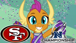 Size: 2289x1288 | Tagged: safe, edit, edited screencap, screencap, smolder, dragon, 2 4 6 greaaat, advanced, american football, cheerleader smolder, confetti, cute, nfc championship, nfc divisional round, nfl, nfl divisional round, nfl playoffs, san francisco 49ers, smiling, smolderbetes, solo