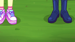 Size: 2208x1242 | Tagged: safe, screencap, fluttershy, rarity, sci-twi, twilight sparkle, better together, choose your own ending, equestria girls, lost and pound, boots, clothes, grass, legs, pictures of legs, shoes, sneakers