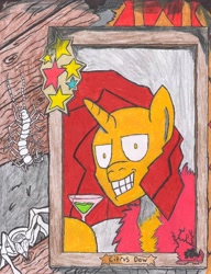 Size: 2510x3262 | Tagged: safe, artist:oatmeal155, oc, oc only, oc:citrus dew, insect, pony, spider, unicorn, comic:oat.meal, alcohol, bust, martini, portrait, traditional art